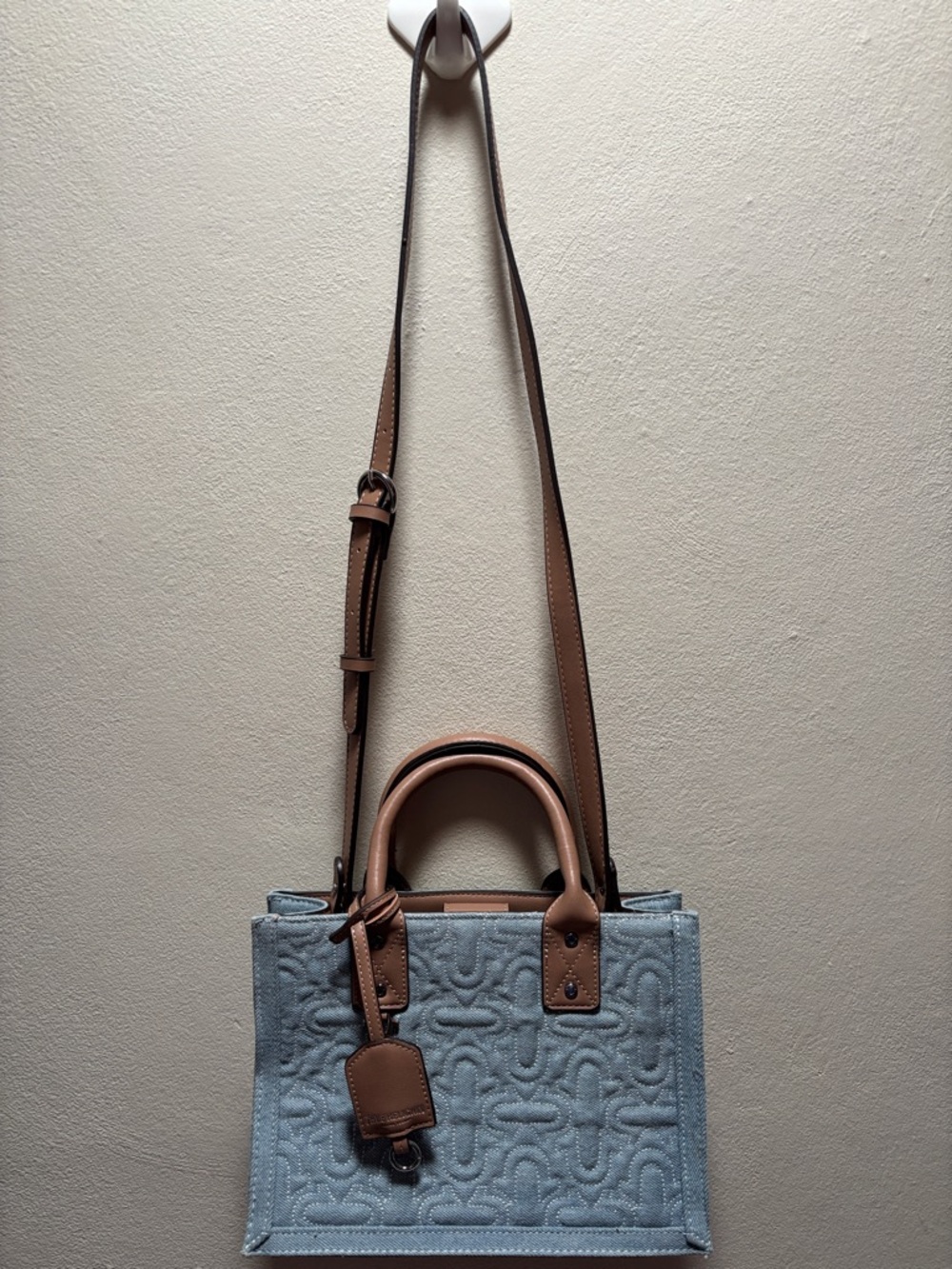 True Religion Light Blue Quilted Tote Bag with Tan Trim